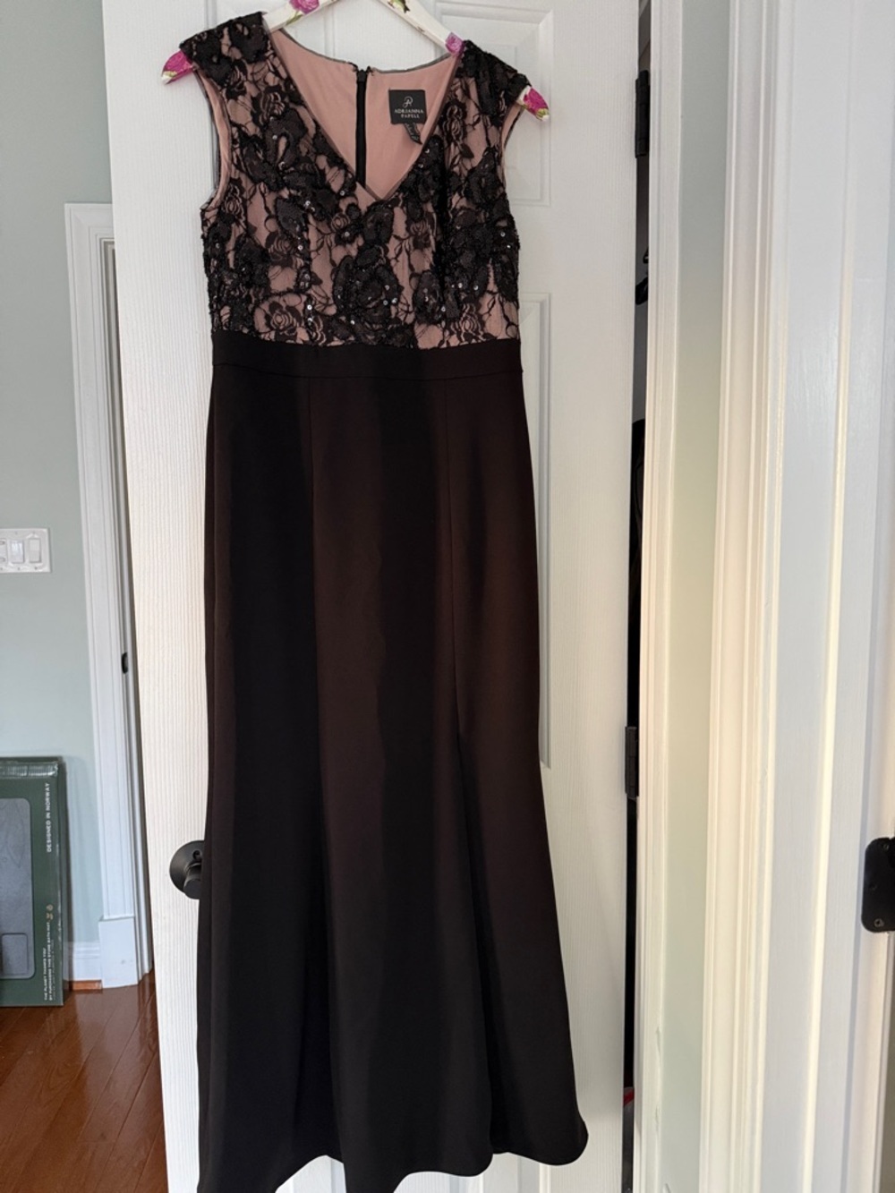 Adrianna Papell Black Lace Bodice Maxi Dress with Blush Lining and leg slit